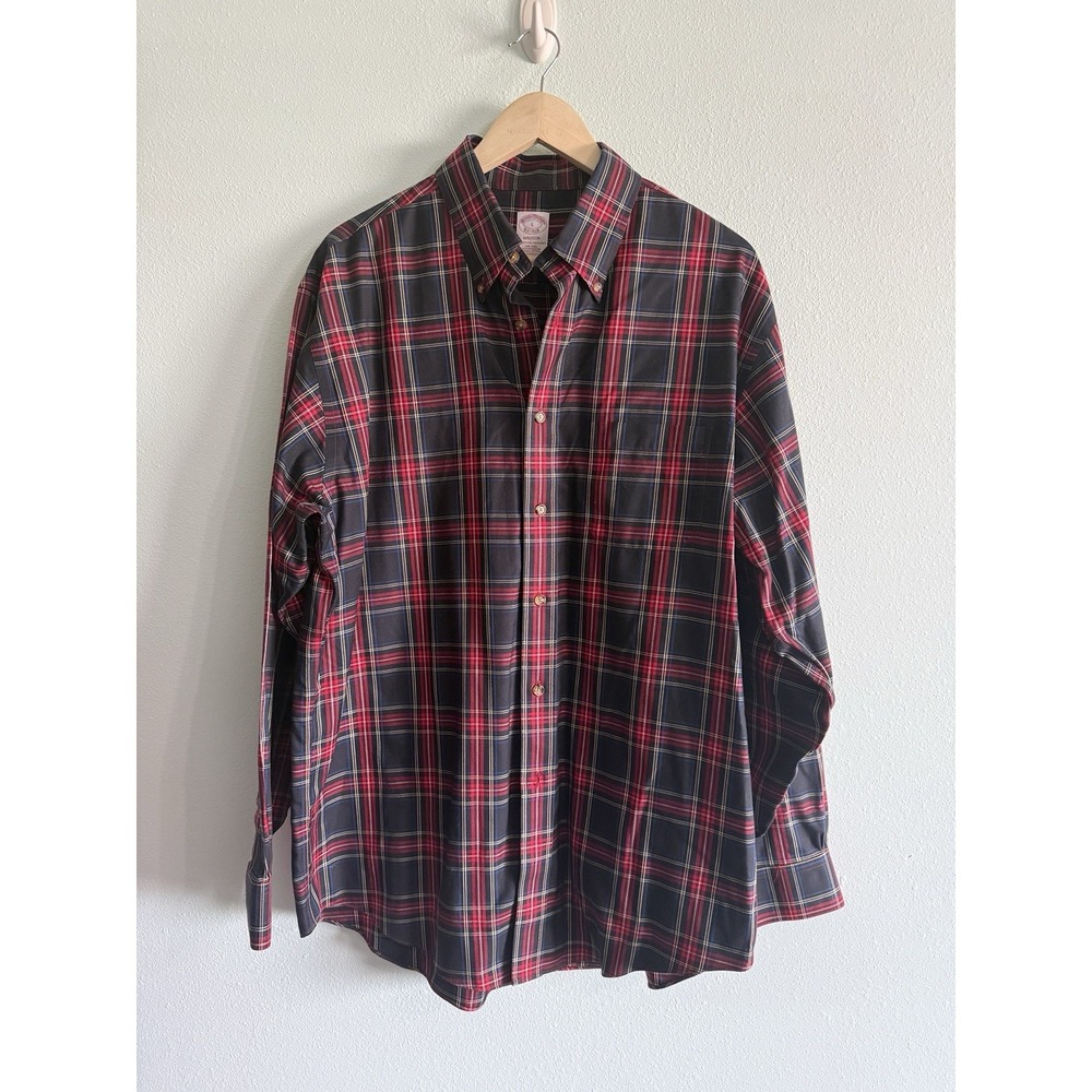 Brooks Brothers Shirt Mens Large Red Navy Madison Non-Iron Supima Plaid Work